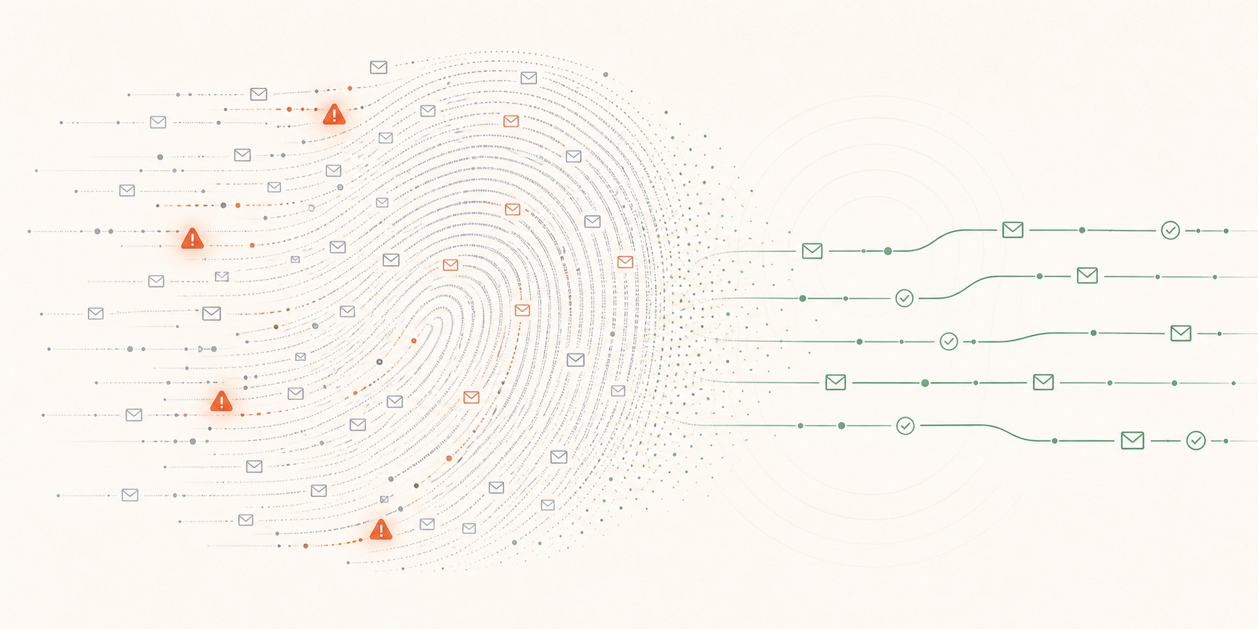 Abstract email reputation pattern showing risky synthetic signals resolving into clean sender-specific paths
